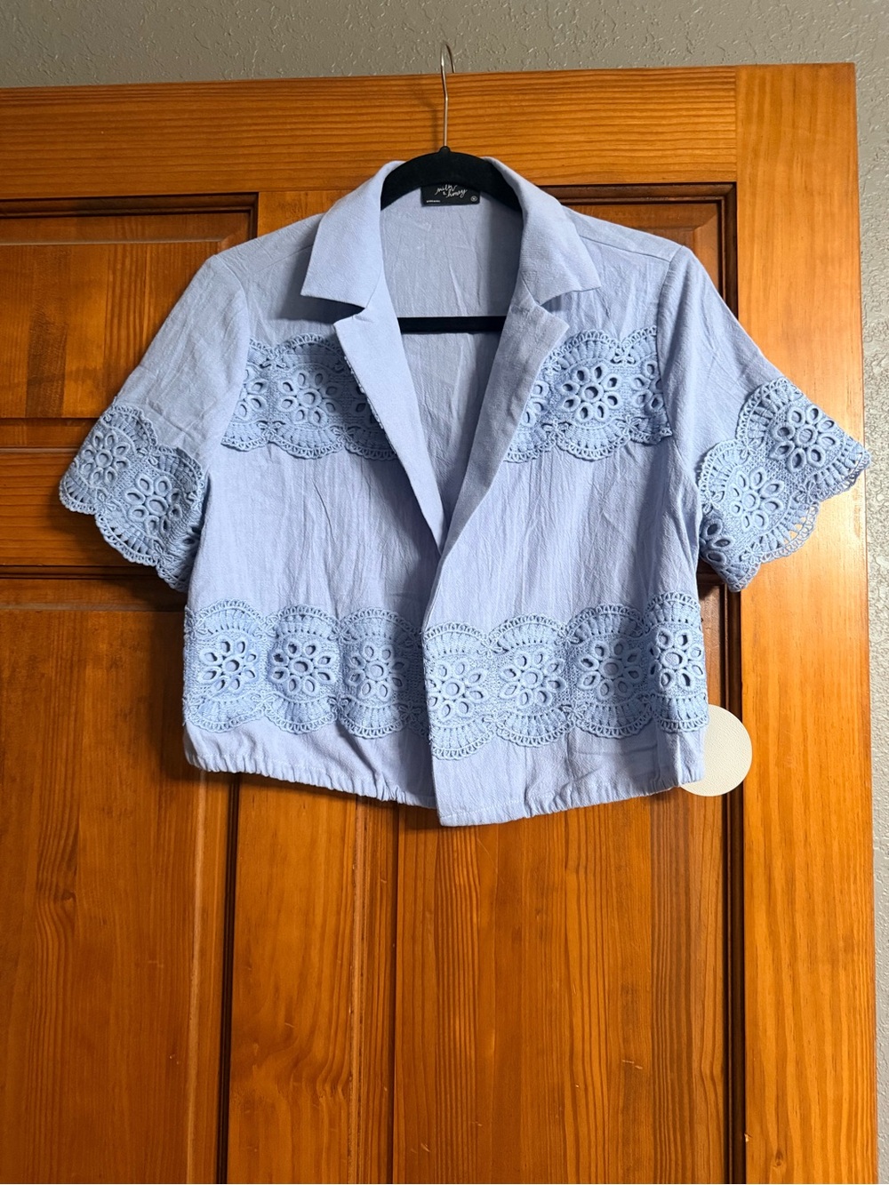 Light Blue Cropped Eyelet Lace Button-Front Top
